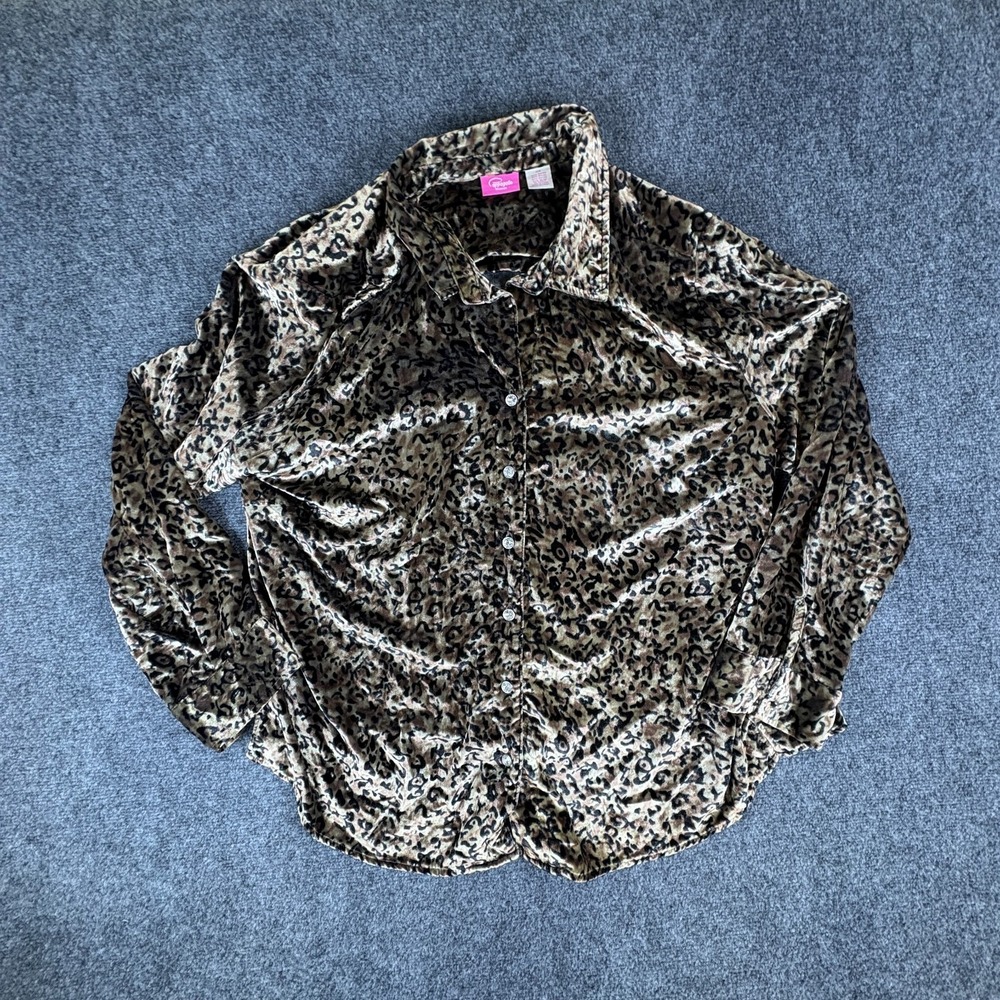 Pappagallo Shirt Womens‎ 3X Brown Leopard Print Velvet Rayon Casual Button Up